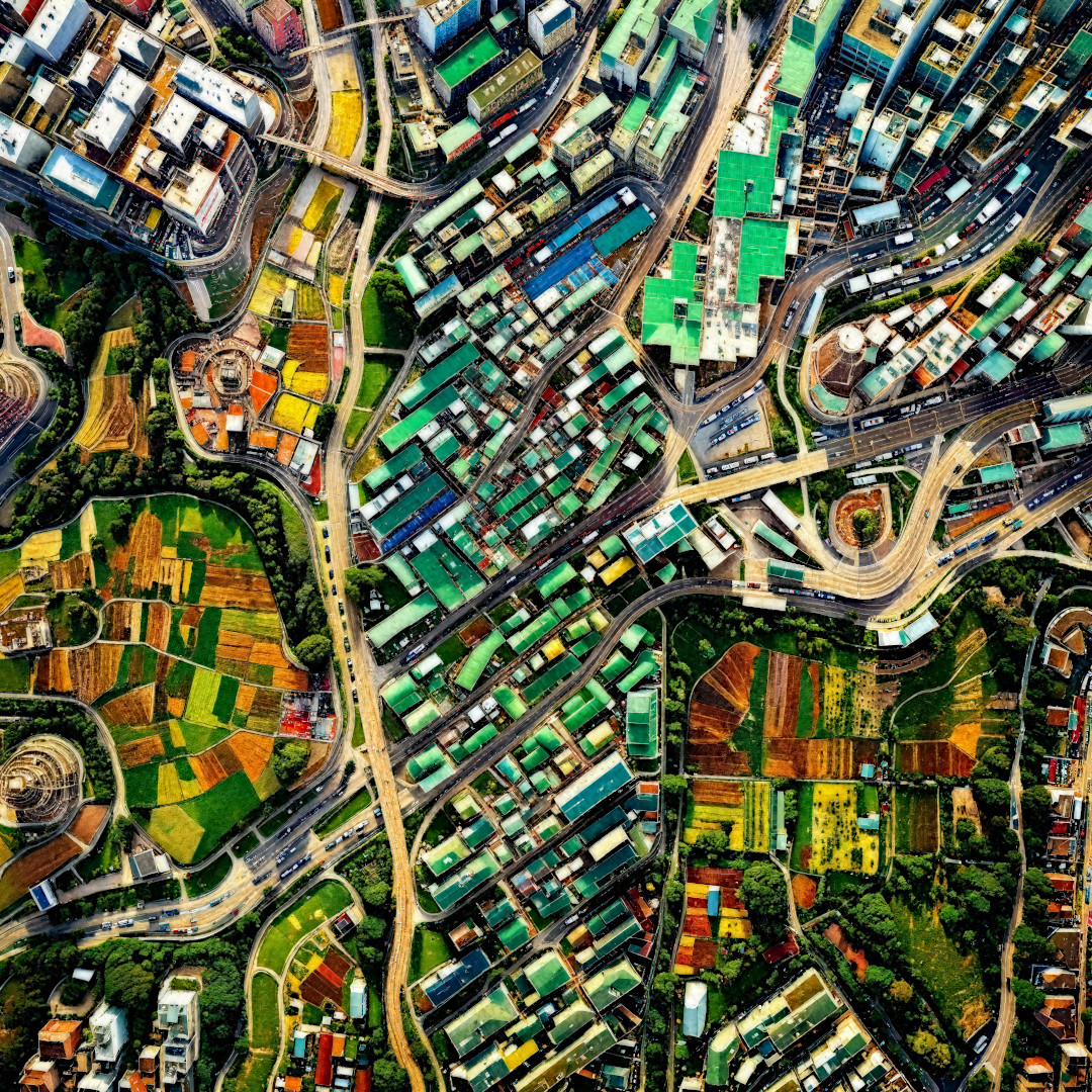 Green roofs artwork from Experimance series by Ryan Kelln, AI-generated satellite view of sustainable architecture