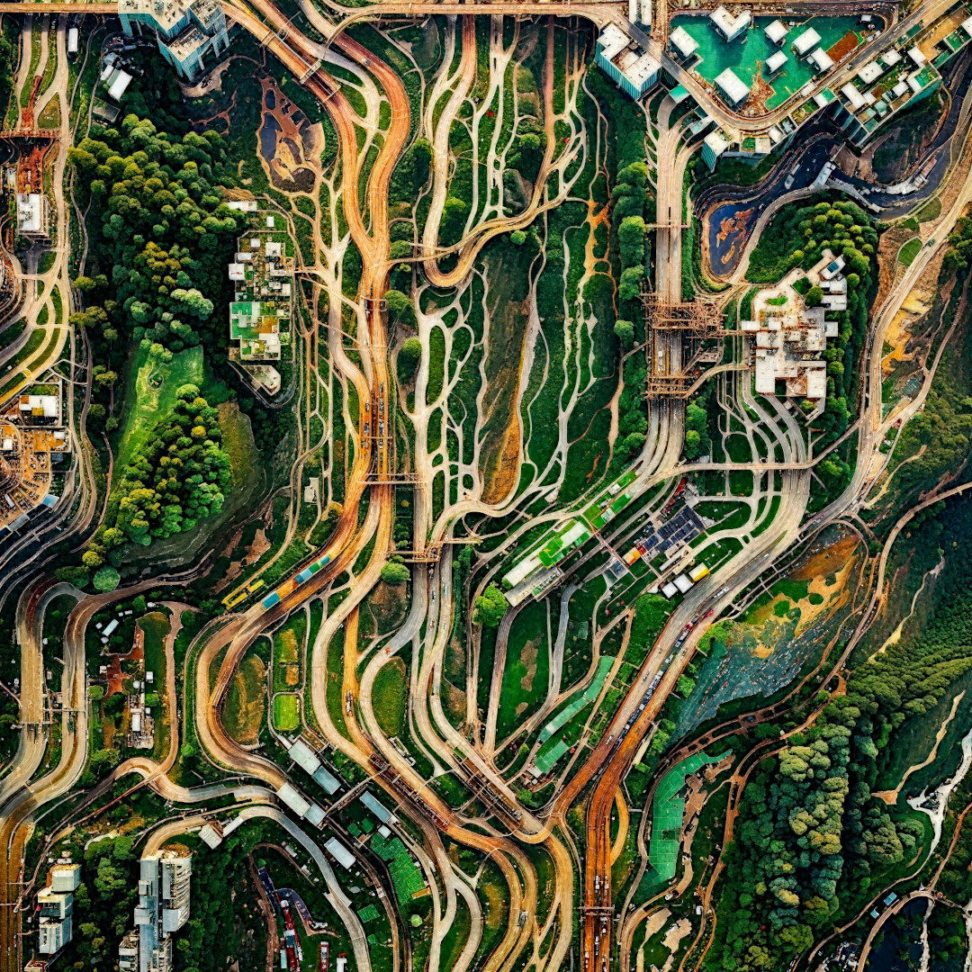 Road Roots print by Ryan Kelln from Experimance series, showing AI interpretation of infrastructure meeting nature