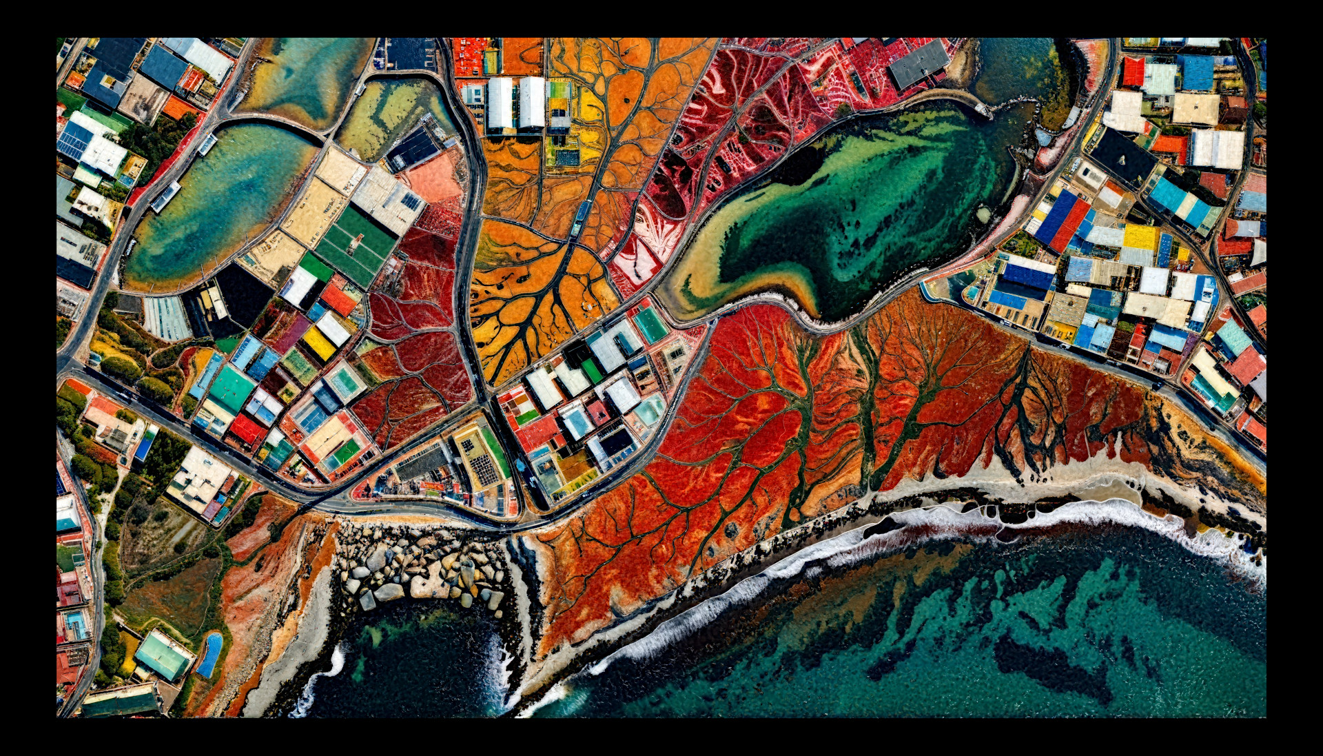 Seaside landscape from Experimance by Ryan Kelln, AI-generated coastal scene blending natural and artificial elements