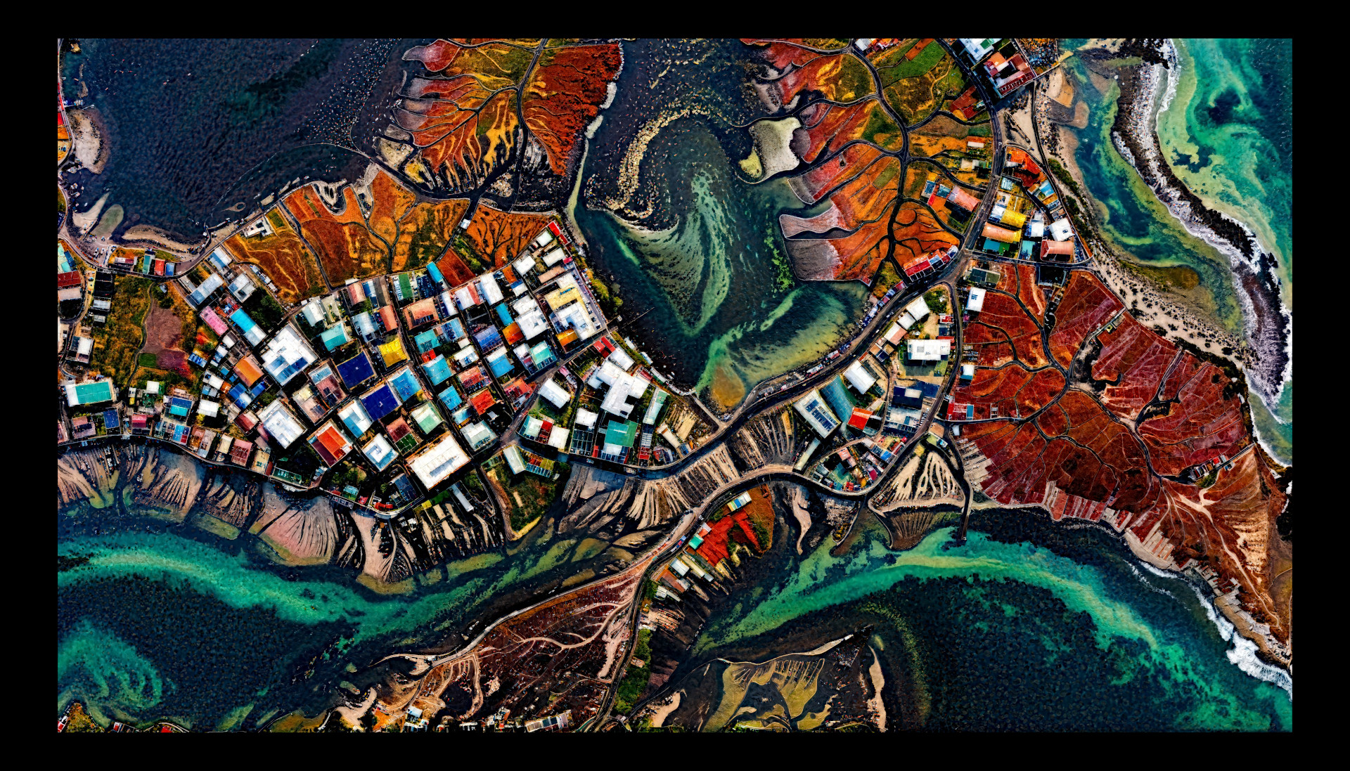 Coastal artwork from Experimance series by Ryan Kelln, machine learning generated seascape with technological overtones