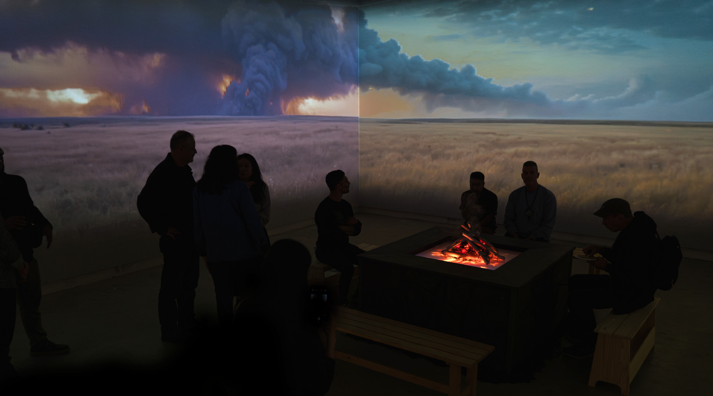 Feed the Fires AI-generated fire imagery projected in installation space