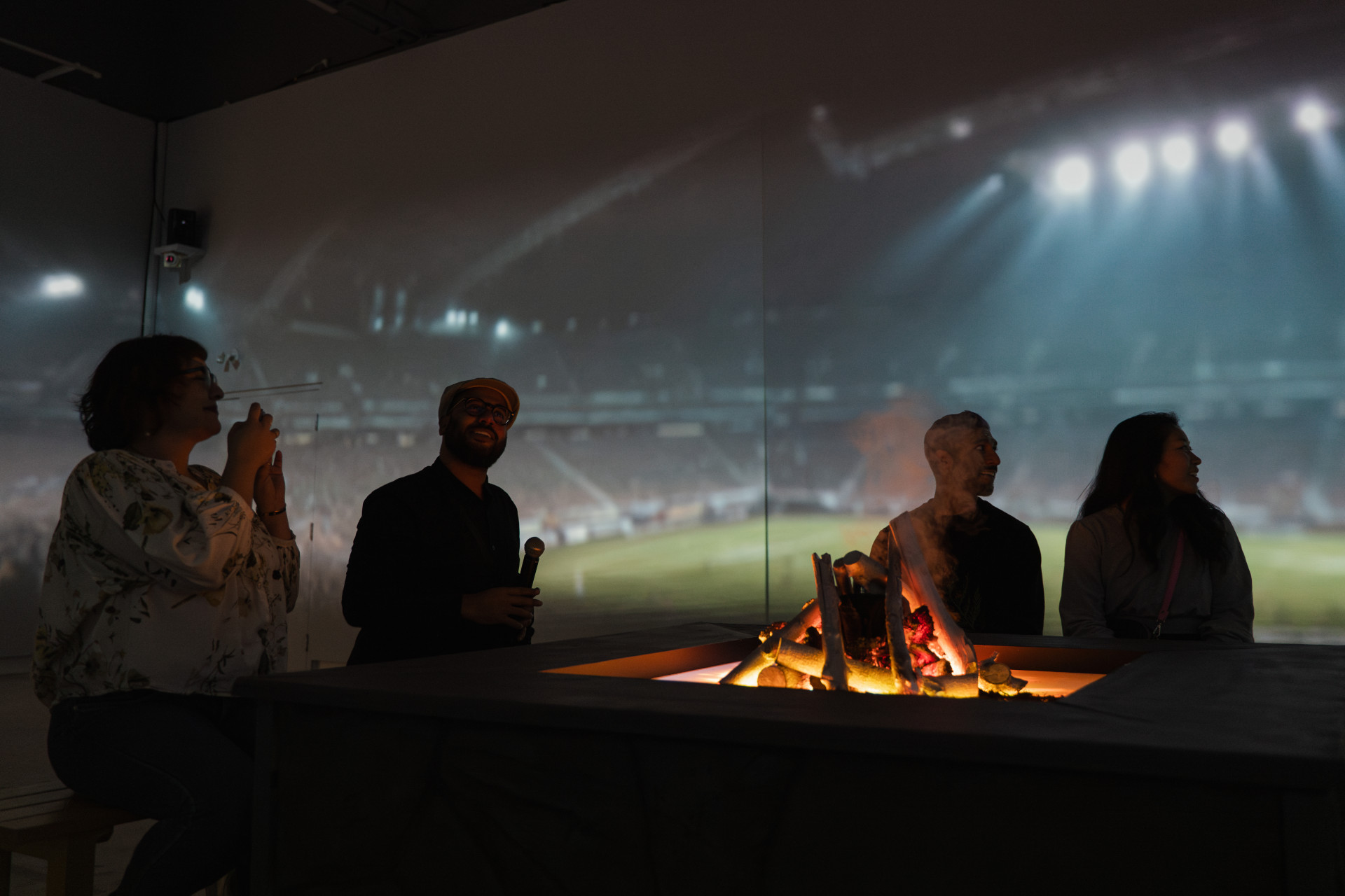 Feed the Fires stadium scene visualized by AI storytelling installation
