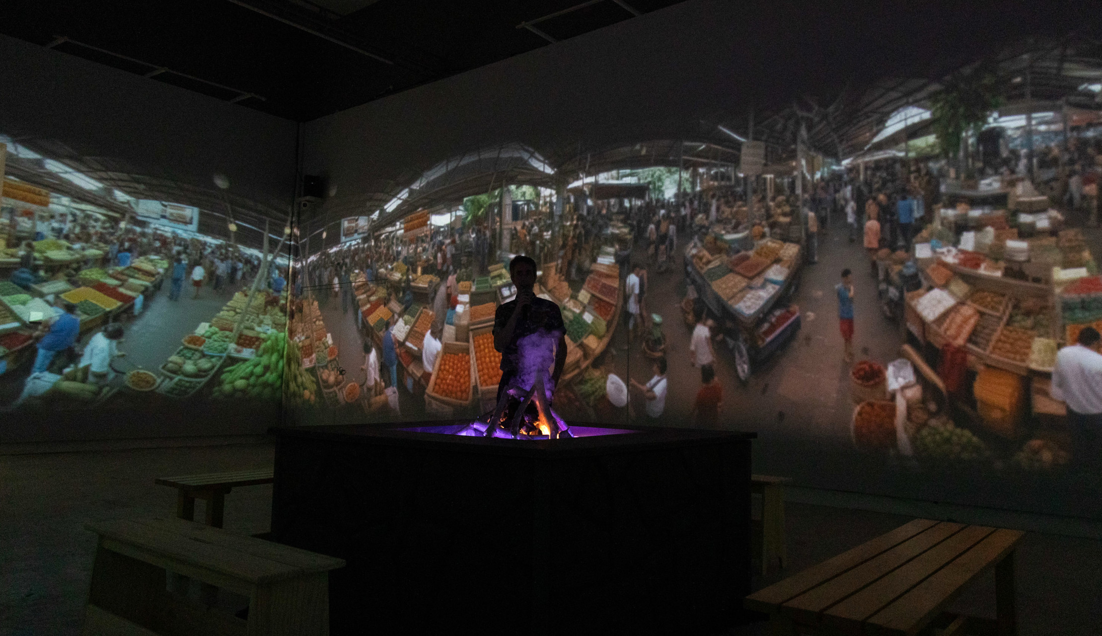 Feed the Fires Thai market scene generated by AI storytelling installation