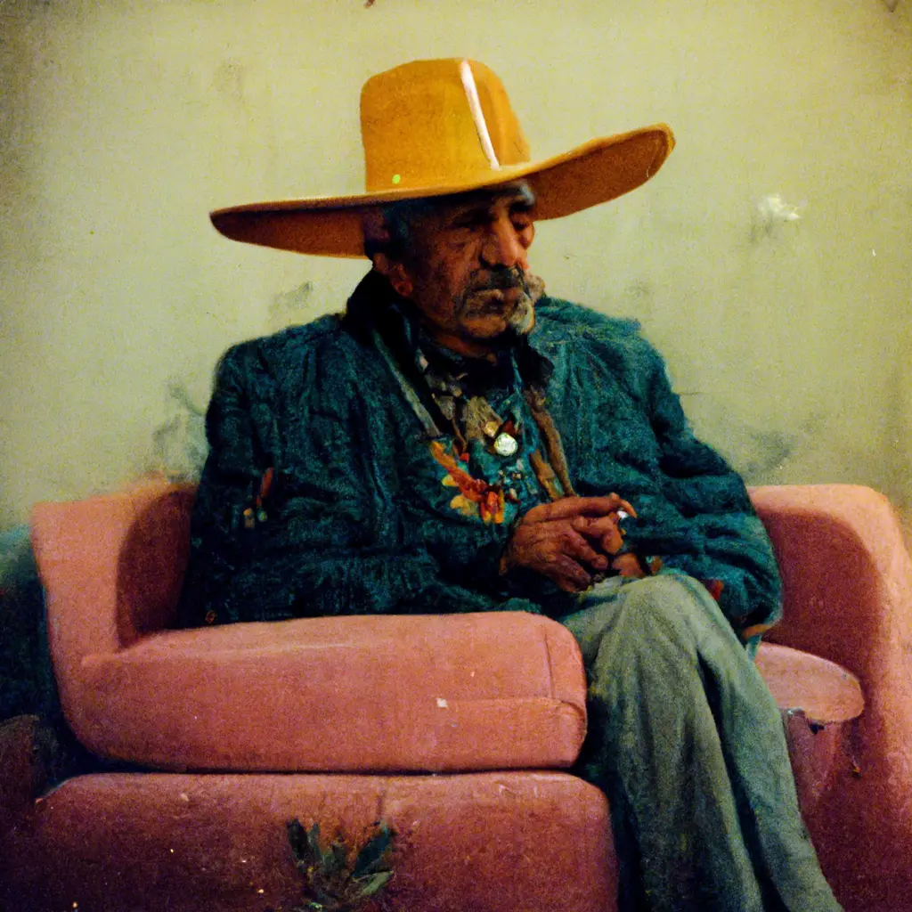 Cree uncle wearing a cowboy hat sitting on a 80s vintage sofa smoking a cigarette