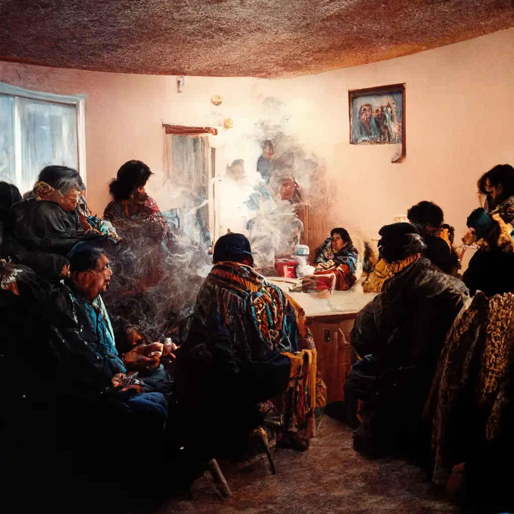 Cree uncles and Cree aunties socializing at a 90s low-income house party smoking cigarettes