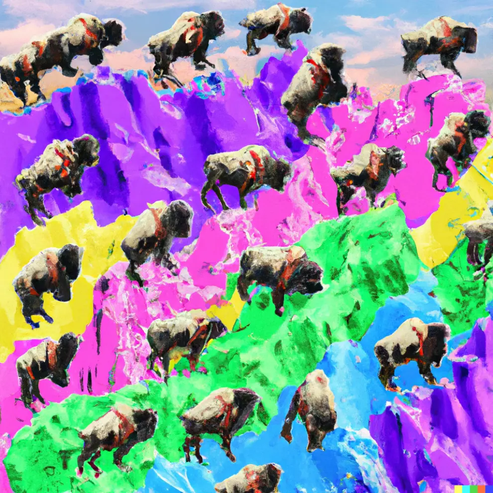 Many bison falling off a cliff in the style of Lisa Frank