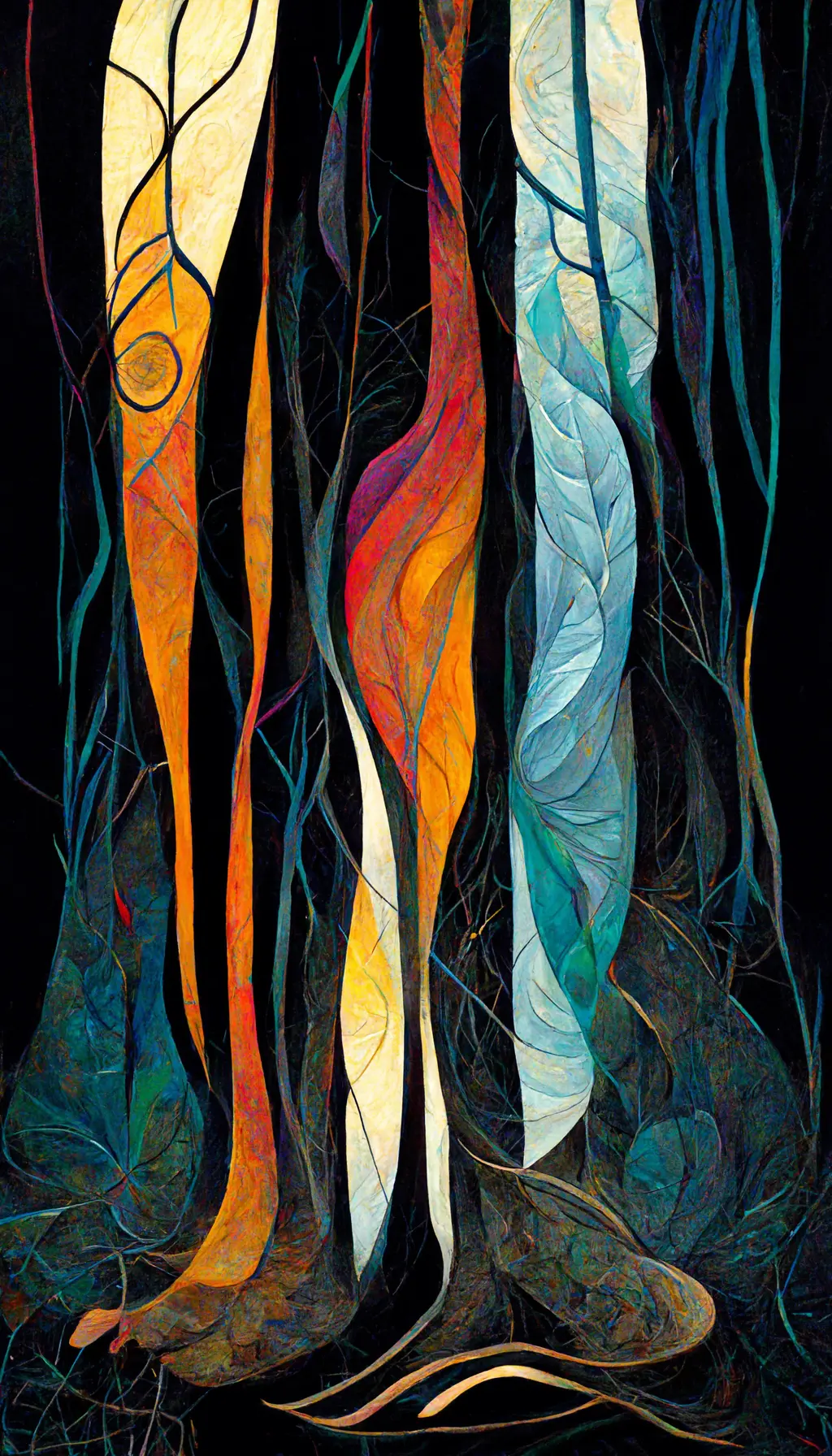 Speaks to the wind, tree branches swaying, teachings from land :: Norval Morrisseau, Norval Morriseau, Christi Belcourt :: layers of abstraction and transparency, flat soft gradients, flowing paint :: sparkles of light, veins of black ---ar 9:16 ---no primary colors
