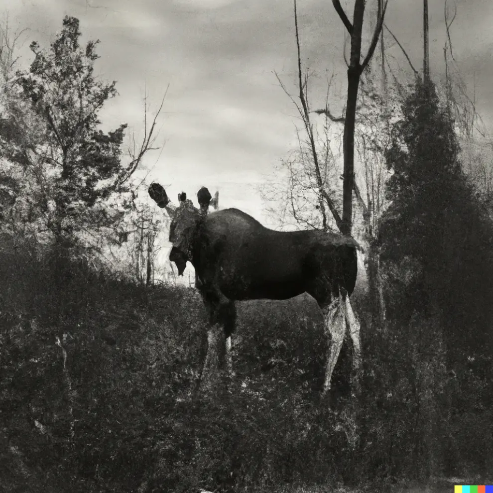 a gothic photograph of a moose, wide shot, outdoors, cloudy afternoon, shot on a 4x5 camera