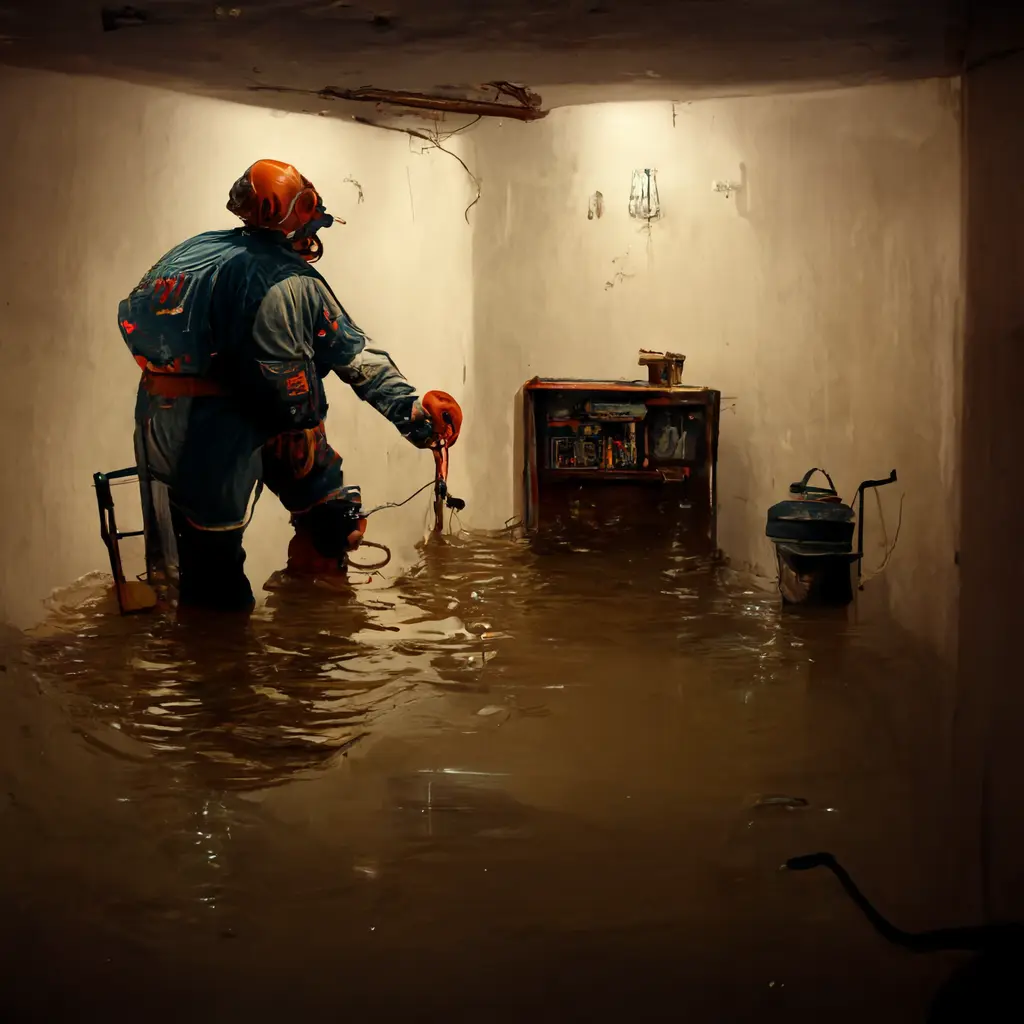 a plumber fixing a flooded basement