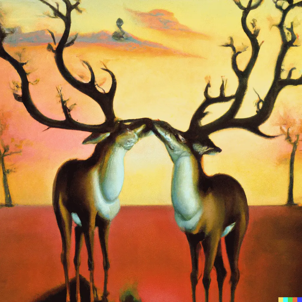 a surrealist dream-like oil painting by Salvador Dali of two deers kissing