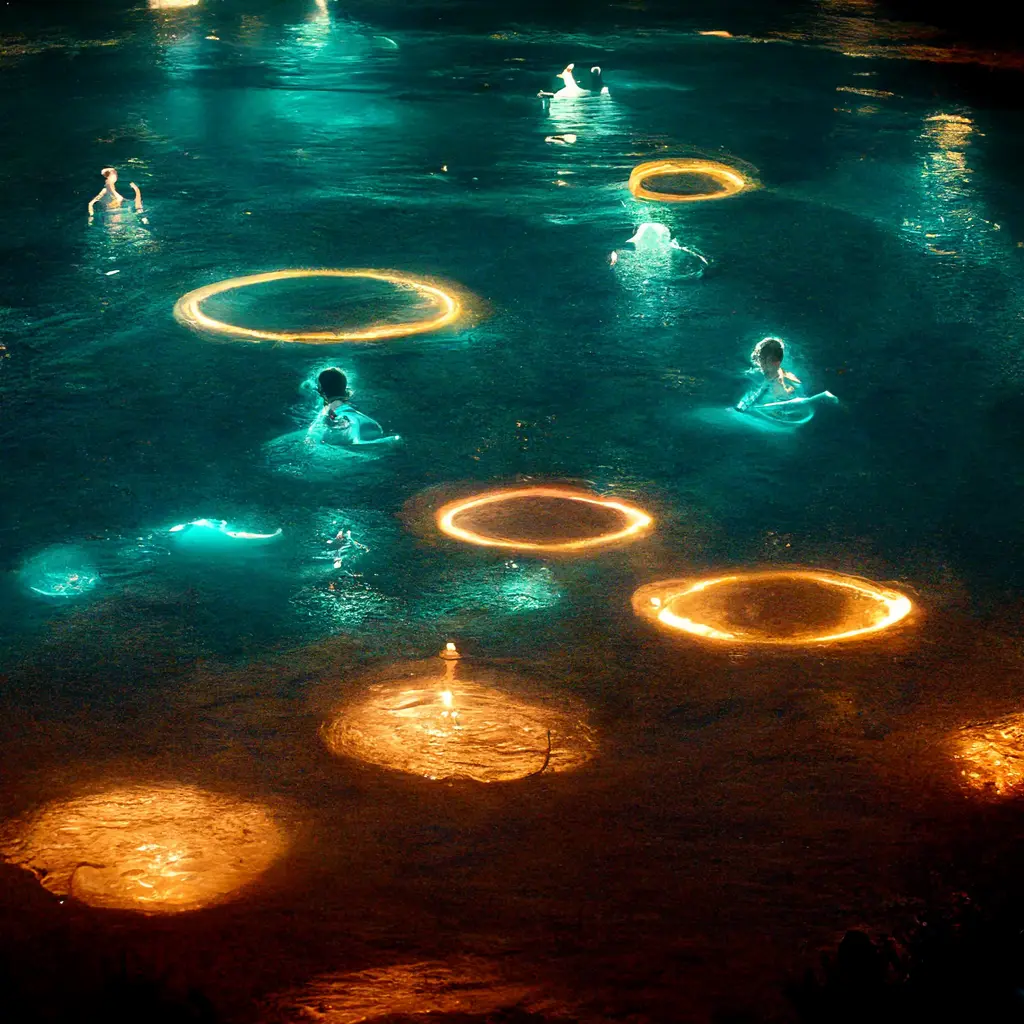 glowing pool of water with several aunties and uncles swimming and relaxing together