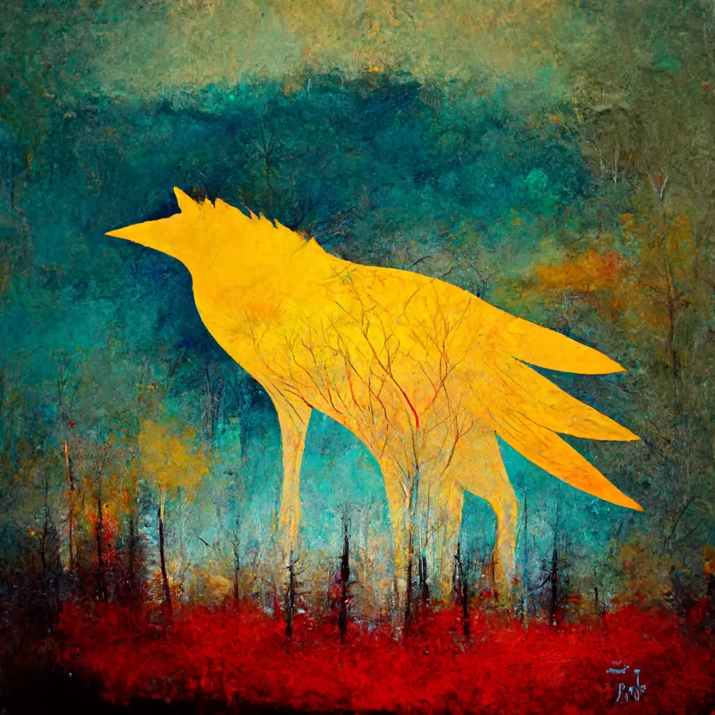 wolf soft yellow warm red earthy brown light blue thunderbird walk slowly stands tall he who paints the day